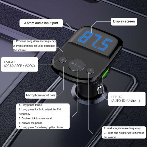 LDNIO C706Q QC3.0+AUTO-ID Auto Bluetooth FM Muziek Digitale Display Autolader, with Micro USB Cable, with 8 Pin Cable, with Type-C/USB-C Cable