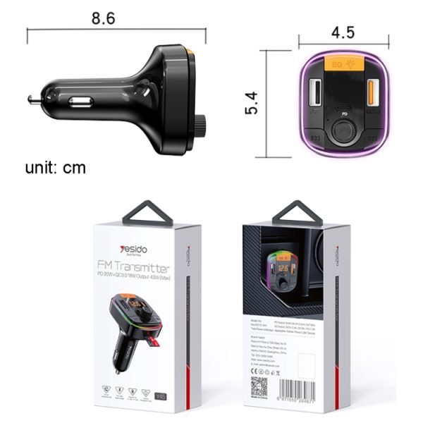 Yesido Y45 Auto PD Oplader Sigarettenaansteker QC Auto Opladen USB Bluetooth Digitale Display FM, Y45