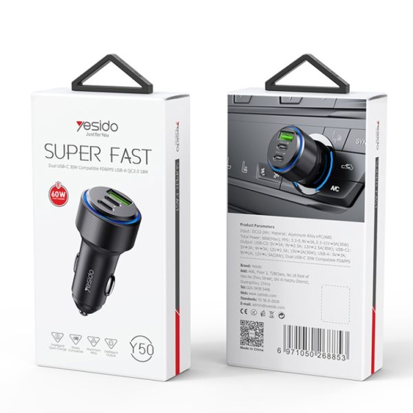 Yesido Y50 auto USB3.0 snellader 30W aluminiumlegering PD snel opladen, Y50