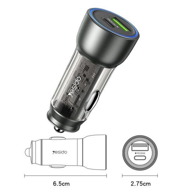 Yesido Y49 auto USB3.0 snellader 30W doorschijnend PD snel opladen, Y49
