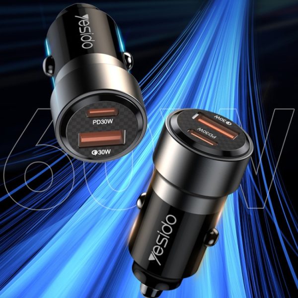 Autolader QC3.0+PD30W Type-C/USB-C+USB Dual Port Quick Charge, Yesido Y54 With 8 Pin To Type-C/USB-C Line, Yesido Y55 With Double Type-C/USB-C Port Line