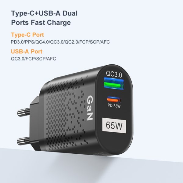 65W GaN mobiele telefoon oplader PD snellader computeradapter, Black EU Plug, Black UK Plug, Black US Plug, Black AU Plug, Black KR Plug, White EU Plug, White UK Plug, White US Plug, White AU Plug, White KR Plug