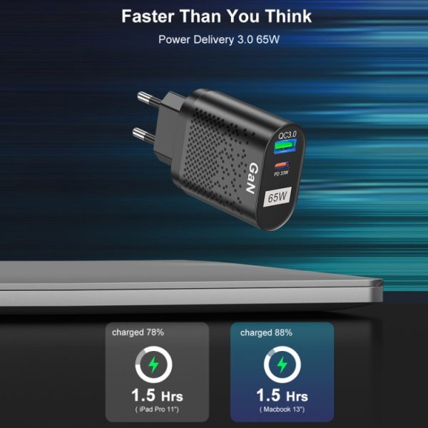 65W GaN mobiele telefoon oplader PD snellader computeradapter, Black EU Plug, Black UK Plug, Black US Plug, Black AU Plug, Black KR Plug, White EU Plug, White UK Plug, White US Plug, White AU Plug, White KR Plug