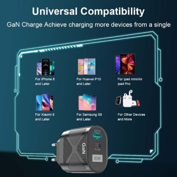 65W GAN PD + QC3.0 Snellader Telefoon Notebook Computer Universele oplaadkop, EU Plug Black, UK Plug Black, US Plug Black, AU Plug Black, EU Plug White, UK Plug White, US Plug White, AU Plug White