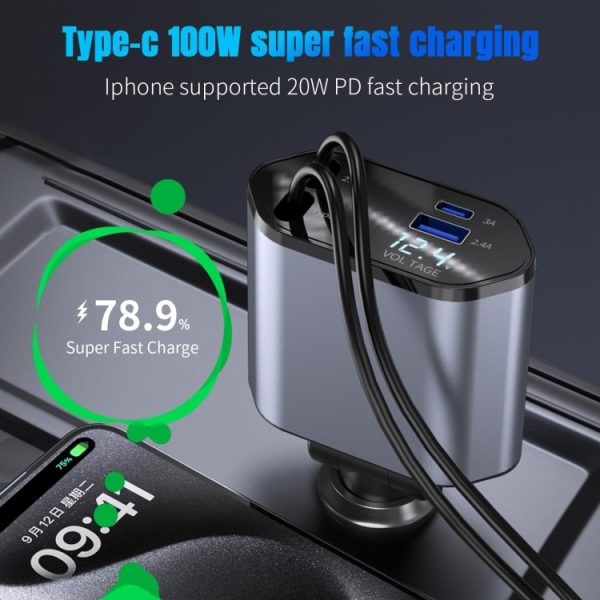 4-in-1 120W multifunctionele USB intrekbare dual-line digitale display autosnellader