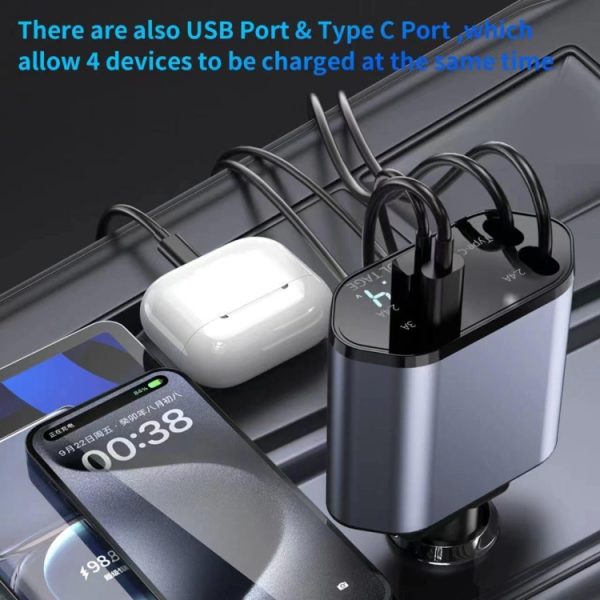 4-in-1 120W multifunctionele USB intrekbare dual-line digitale display autosnellader