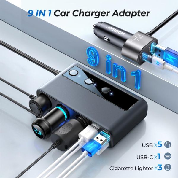 JOYROOM JR-CL06 9 in 1 154W PD USB-C / Type-C + Dual QC3.0 USB + 3 USB + 3 sigarettenaanstekergaten Digitaal display Autolader, JR-CL06