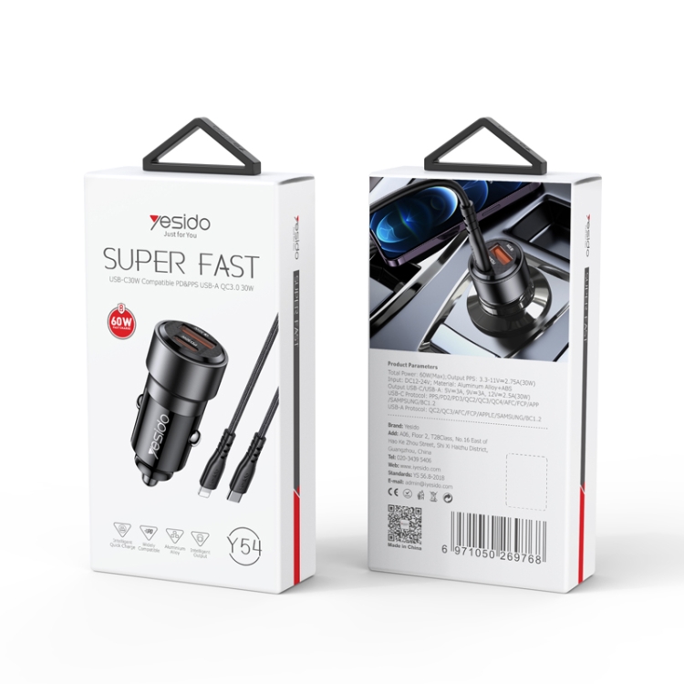 Autolader QC3.0+PD30W Type-C/USB-C+USB Dual Port Quick Charge, Yesido Y54 With 8 Pin To Type-C/USB-C Line, Yesido Y55 With Double Type-C/USB-C Port Line