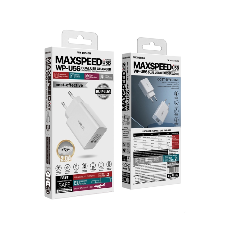 WK WP-U56 2A Dual USB snel opladen reislader Power Adapter,, UK Plug, EU Plug