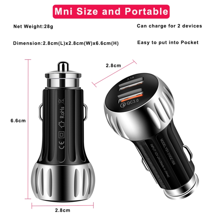 YSY-310QC18W QC3.0 USB-autolader met twee poorten voor Apple / Huawei / Samsung / Xiaomi, YSY-310QC18W, Car Charger