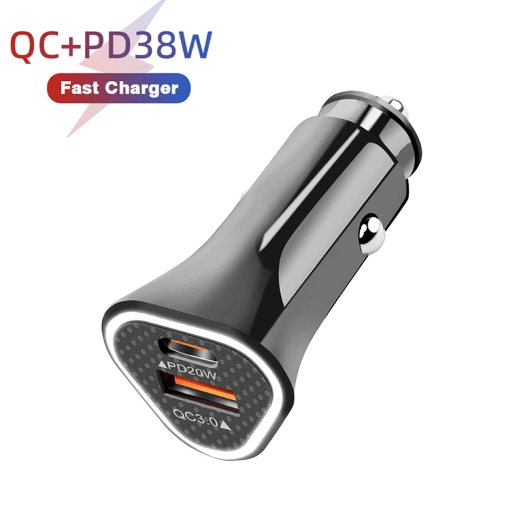 TE-P23 38W PD USB-C / Type-C + QC3.0 USB Driehoek Autolader + USB-C / Type-C naar 8 Pin Datakabel, Lengte: 1m, with Type-C to 8 Pin Cable