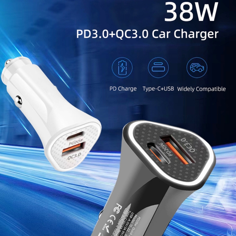 TE-P23 38W PD USB-C / Type-C + QC3.0 USB Driehoek Autolader + USB-C / Type-C naar 8 Pin Datakabel, Lengte: 1m, with Type-C to 8 Pin Cable