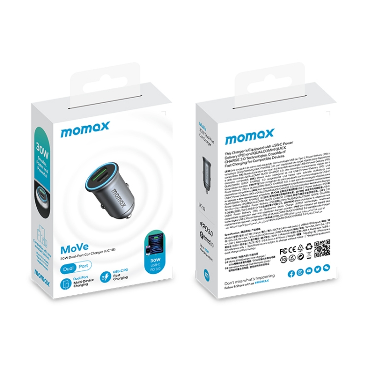 MOMAX UC18 30W dubbele poort QC3.0 snellader voor in de auto