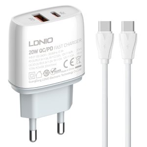 LDNIO Q229 QC3.0 / PD20W USB + Type-C snellader met 1m Type-C naar Type-C kabel, EU Plug, UK Plug, US Plug