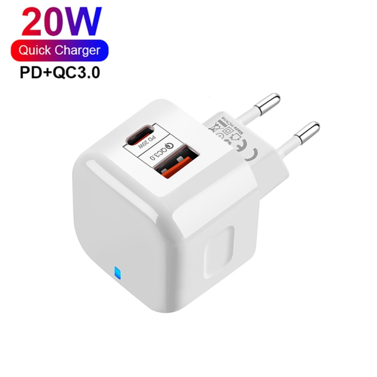 YSY-6087PD 20W PD3.0 + QC3.0 Dual Fast Charge reislader met USB naar Type-C datakabel, EU Plug, US Plug, UK Plug