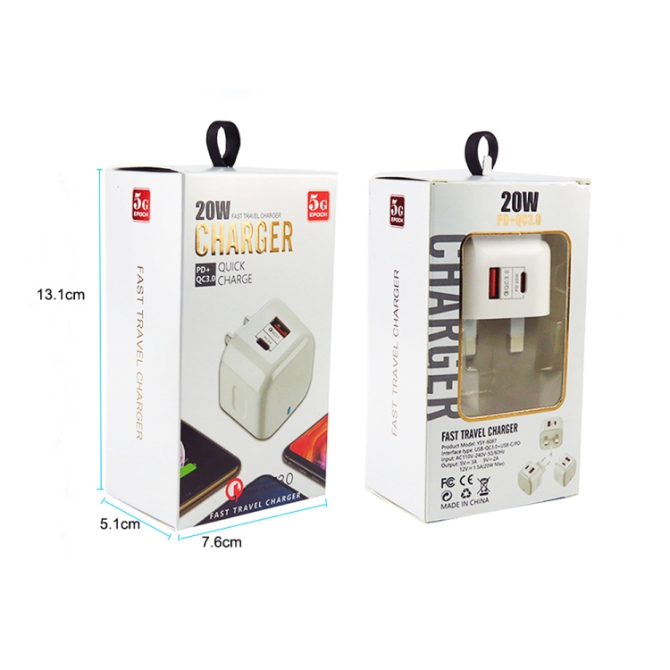 YSY-6087PD 20W PD3.0 + QC3.0 Dual Fast Charge reislader met USB naar Type-C datakabel, EU Plug, US Plug, UK Plug