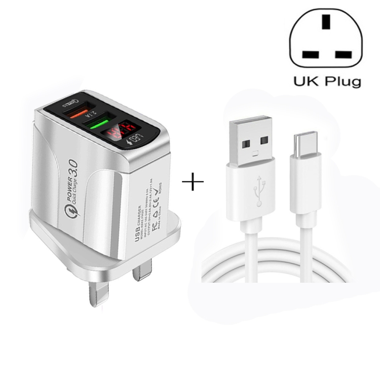 F002C QC3.0 USB + USB 2.0 led digitaal display snellader met USB naar type-C datakabel, UK-stekker, UK Plug + Type-C Cable