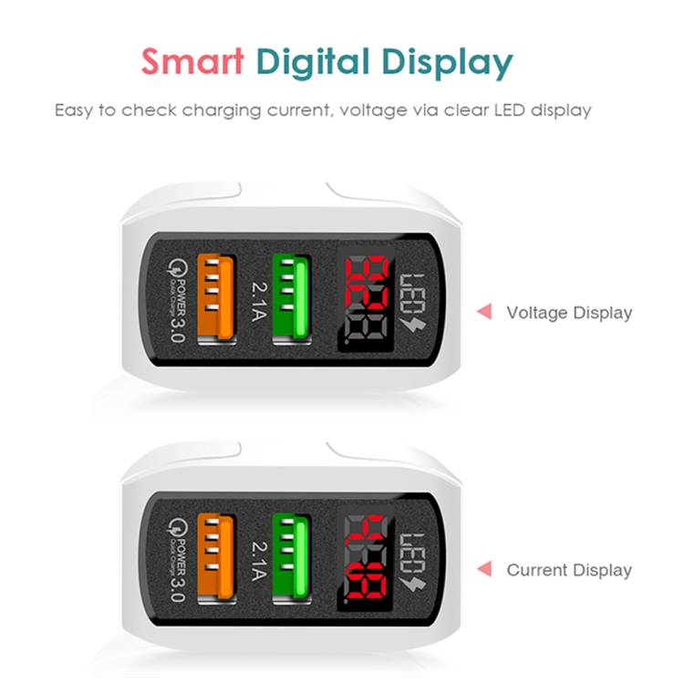 F002C QC3.0 USB + USB 2.0 led digitaal display snellader met USB naar type-C datakabel, UK-stekker, UK Plug + Type-C Cable