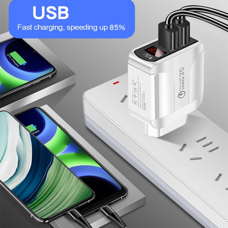 F002C QC3.0 USB + USB 2.0 led digitaal display snellader met USB naar type-C datakabel, UK-stekker, UK Plug + Type-C Cable