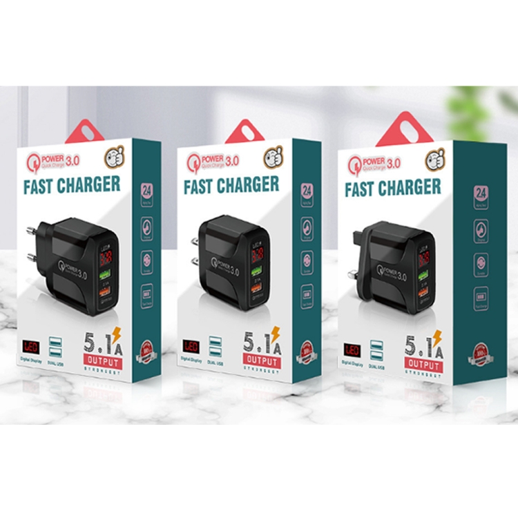 F002C QC3.0 USB + USB 2.0 led digitaal display snellader met USB naar type-C datakabel, UK-stekker, UK Plug + Type-C Cable