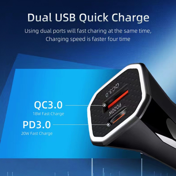 TE-P22 38W PD USB-C / Type-C + QC3.0 USB-autolader met 1 m USB-C / Type-C naar 8-pins datakabel, with USB-C / Type-C to 8 Pin Cable
